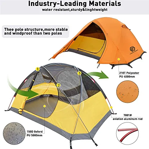 2 Person Camping Tent, Waterproof Windproof 4 Season 3 Season Tent, Double Layer, Easy Setup, Two Doors Camping Tent for Outdoor Hiking,Mountaineering,Survival,Travel