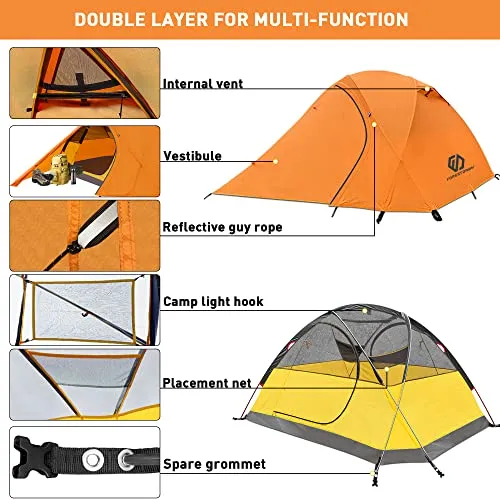 2 Person Camping Tent, Waterproof Windproof 4 Season 3 Season Tent, Double Layer, Easy Setup, Two Doors Camping Tent for Outdoor Hiking,Mountaineering,Survival,Travel