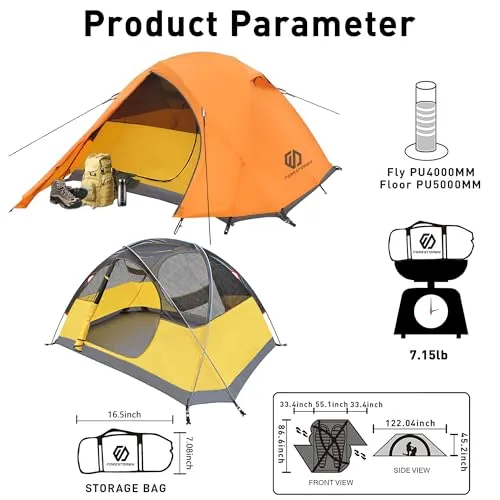 2 Person Camping Tent, Waterproof Windproof 4 Season 3 Season Tent, Double Layer, Easy Setup, Two Doors Camping Tent for Outdoor Hiking,Mountaineering,Survival,Travel