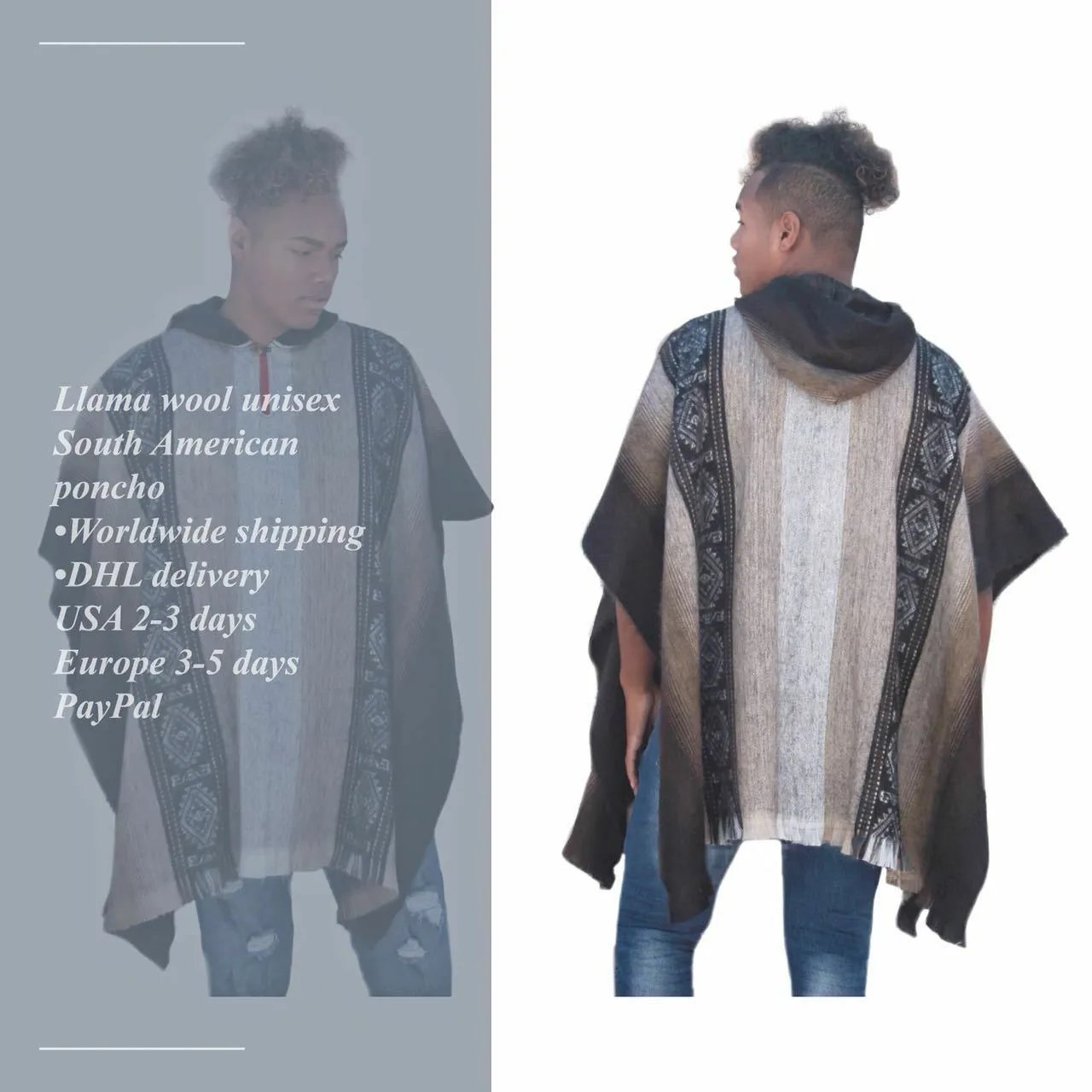 Curaray - Lightweight Baby Alpaca Hooded Poncho - Gray/Tobacco - Unisex