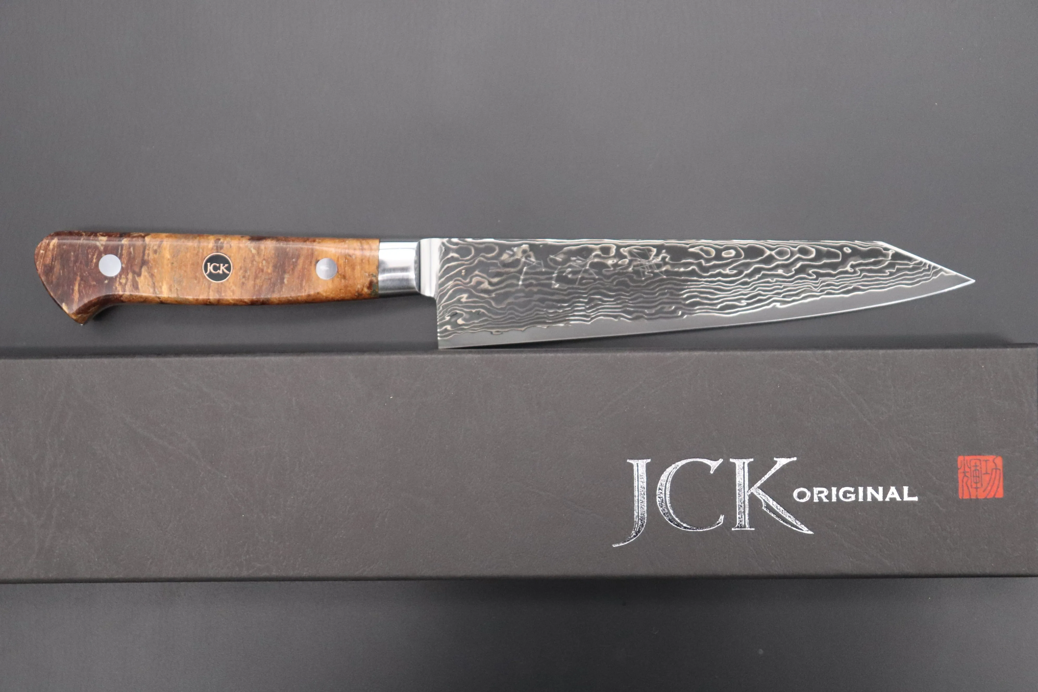 JCK Original Kagayaki Grand Canyon R-2 Black Damascus Series GCYU-3 Kiritsuke Petty 145mm (5.7 Inch)