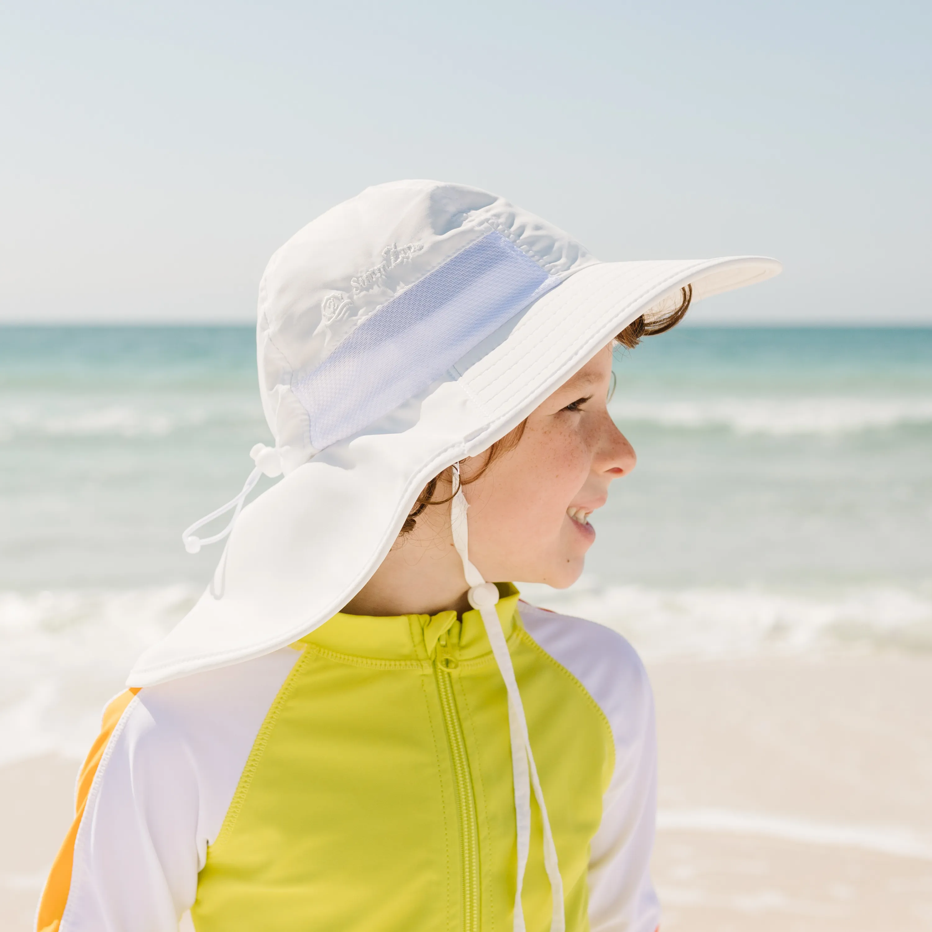 Kids Wide Brim   Flap Neck Sun Protective Adventure Hat - White