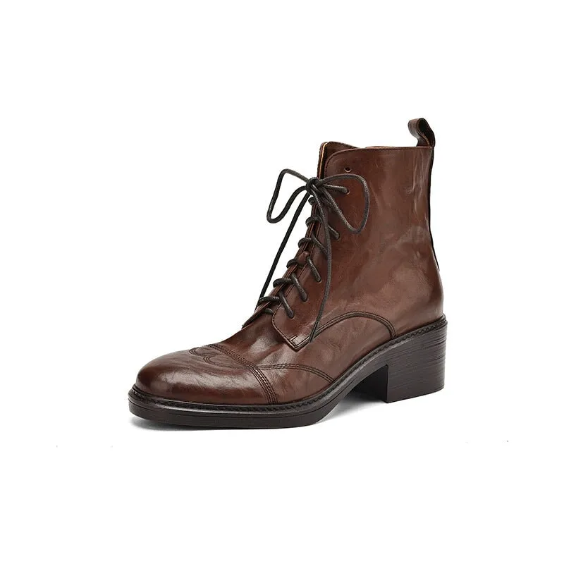 Leather Cap Toe Derby Boots Side Zip Block Heel in Brown/Black