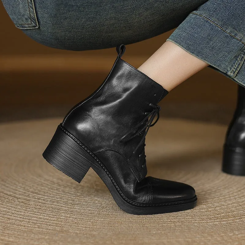 Leather Cap Toe Derby Boots Side Zip Block Heel in Brown/Black