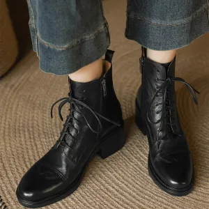 Leather Cap Toe Derby Boots Side Zip Block Heel in Brown/Black