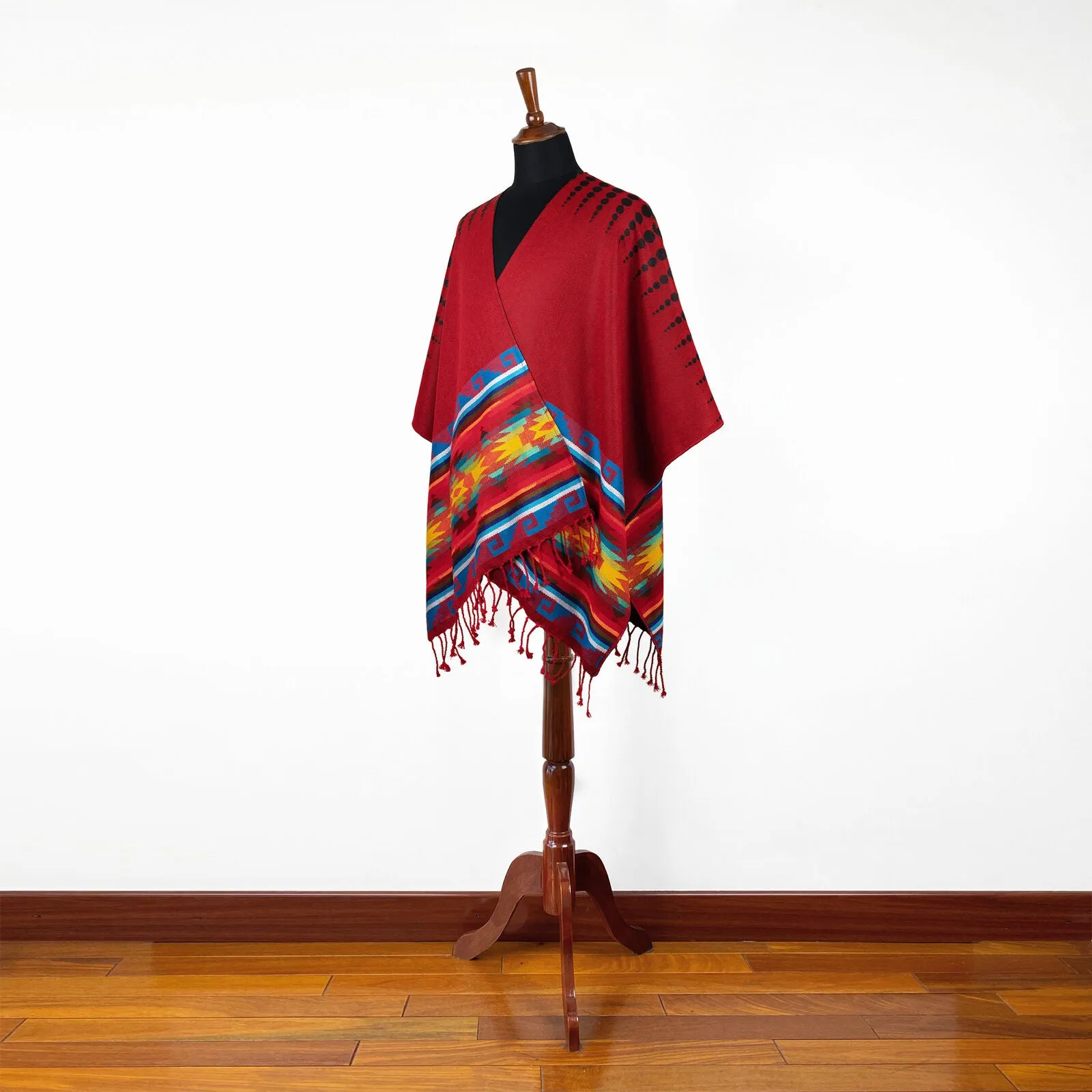 Lightweight Thin Alpaca Wool UNISEX Ruana Cape Poncho/Shawl - Red with authentic pattern