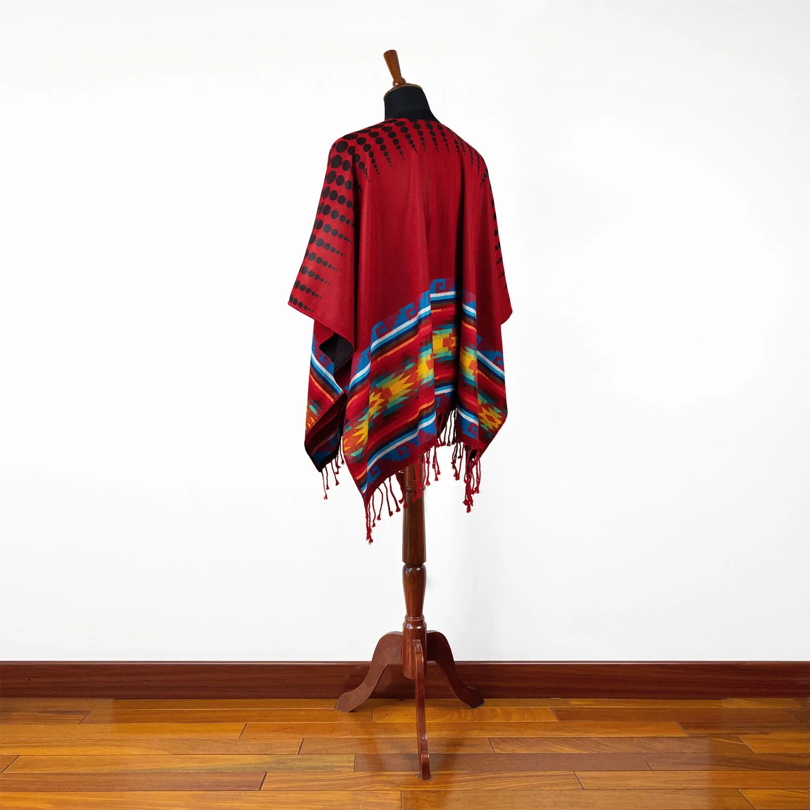 Lightweight Thin Alpaca Wool UNISEX Ruana Cape Poncho/Shawl - Red with authentic pattern