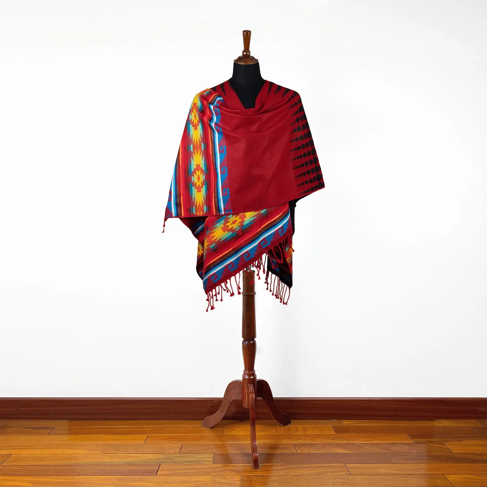 Lightweight Thin Alpaca Wool UNISEX Ruana Cape Poncho/Shawl - Red with authentic pattern