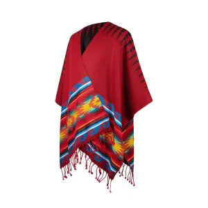 Lightweight Thin Alpaca Wool UNISEX Ruana Cape Poncho/Shawl - Red with authentic pattern