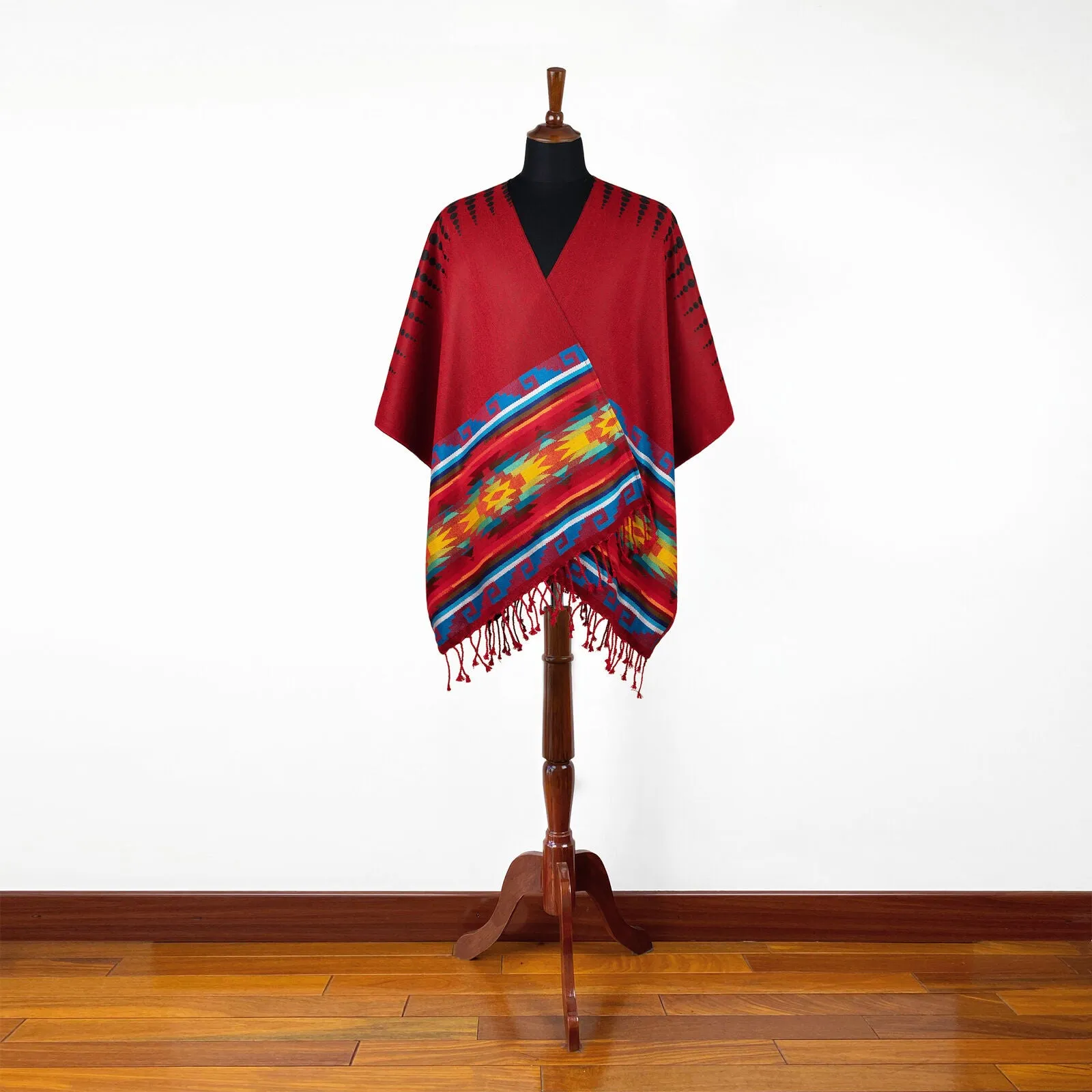 Lightweight Thin Alpaca Wool UNISEX Ruana Cape Poncho/Shawl - Red with authentic pattern