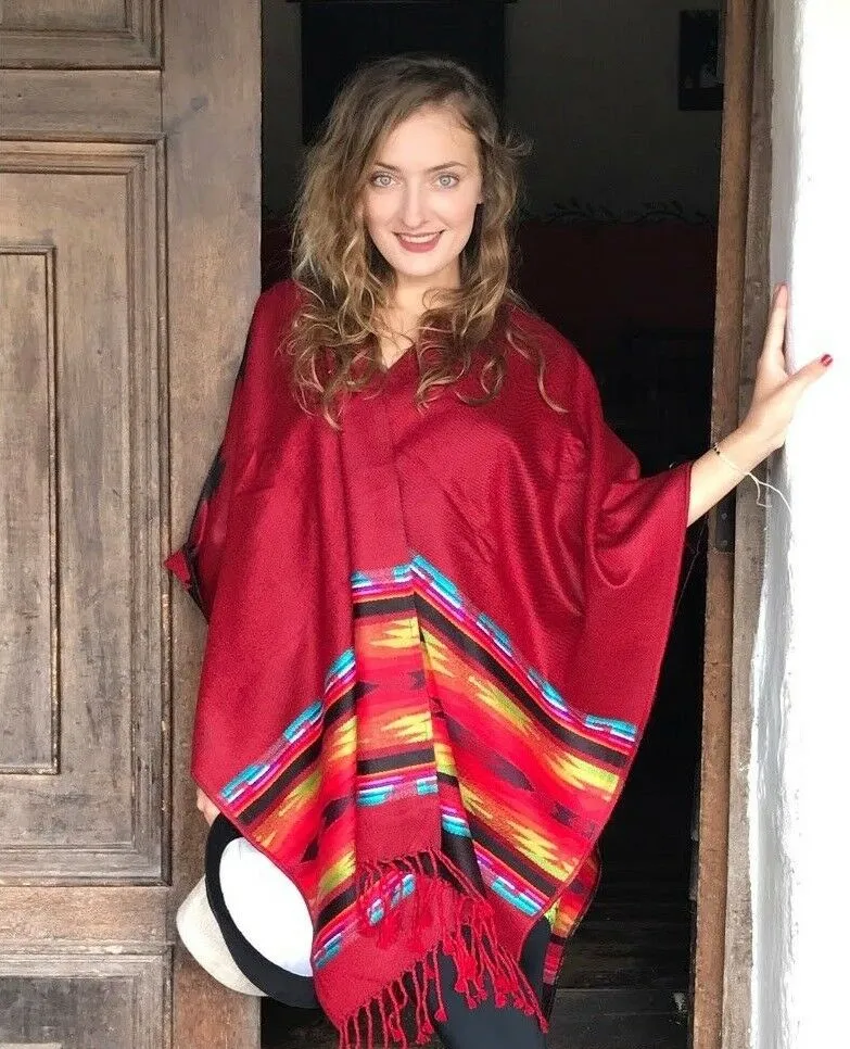 Lightweight Thin Alpaca Wool UNISEX Ruana Cape Poncho/Shawl - Red with authentic pattern