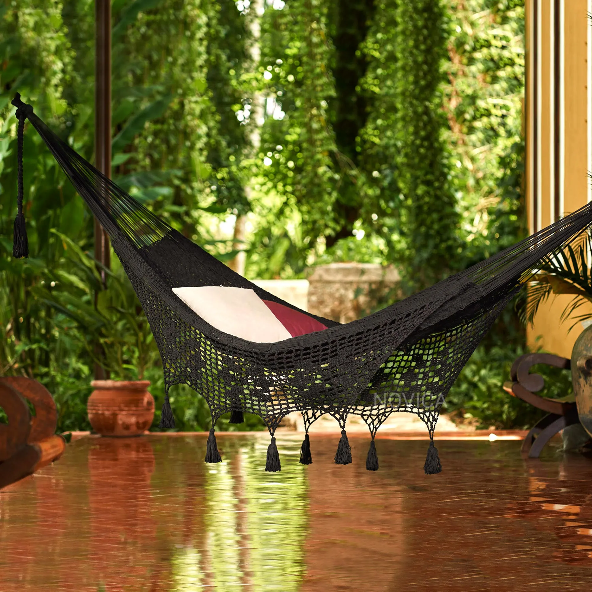 'Mirage in Black Black Cotton Rope Hammock (Triple)