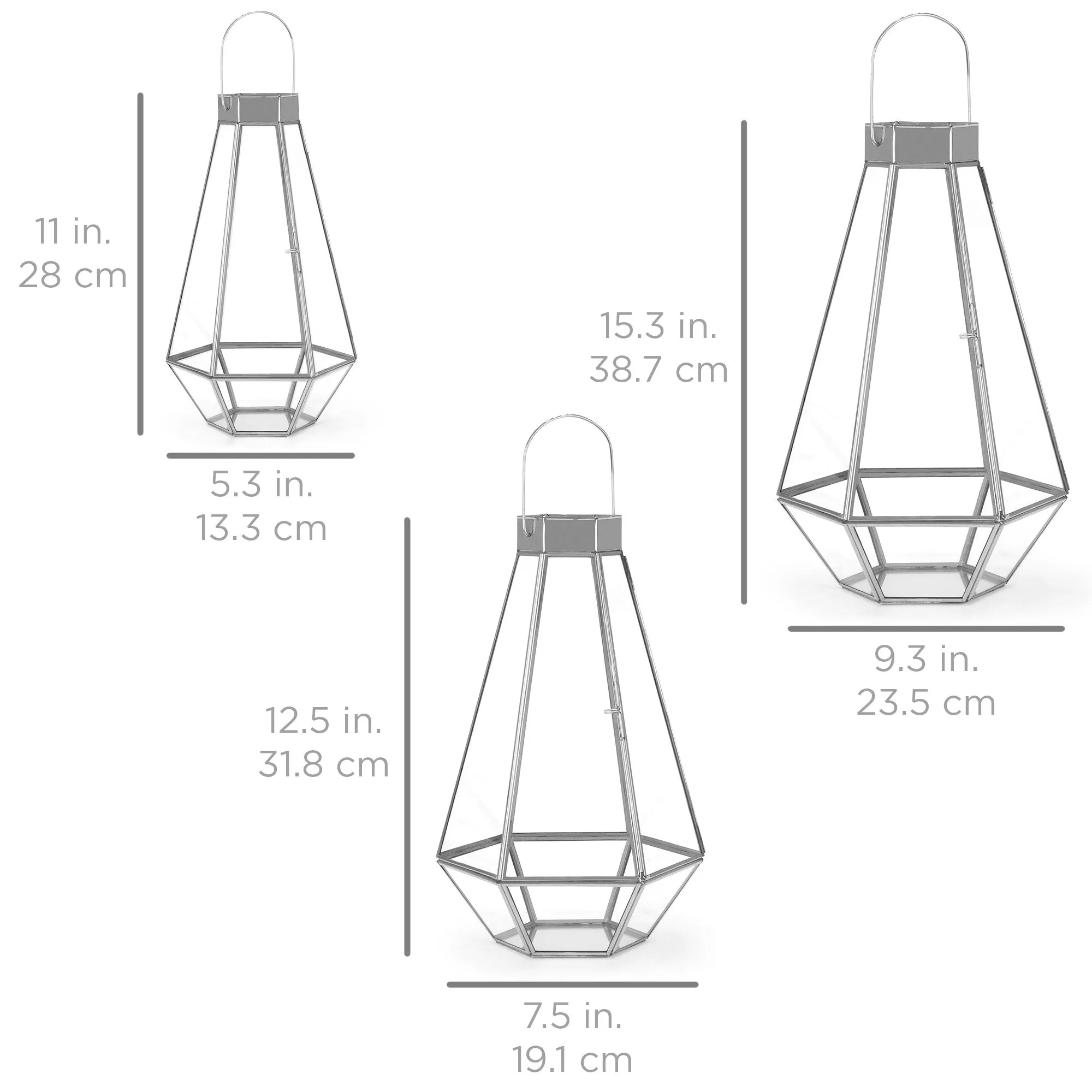 Set of 3 Decorative Metal Faceted Hurricane Candle Lantern Accents w/ Glass