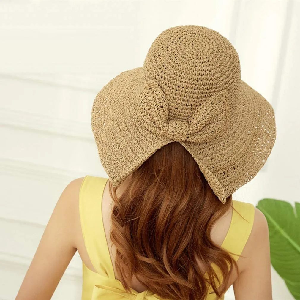 Women Wide Brim Straw Hat Hollow Foldable Summer Bucket Hat Bow Lady’s Foldable Beach Sun Hat for Travel