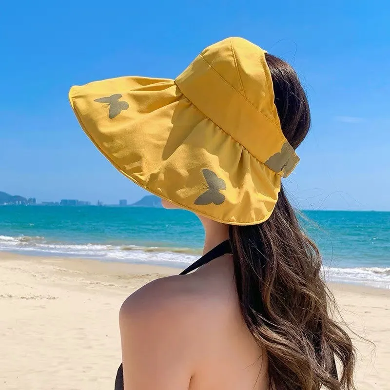 Women Wide Brim Summer Sun Hat Lightweight Foldable Beach Sun Hat for Ladies Travel Roll up Ponytail Visor Butterfly