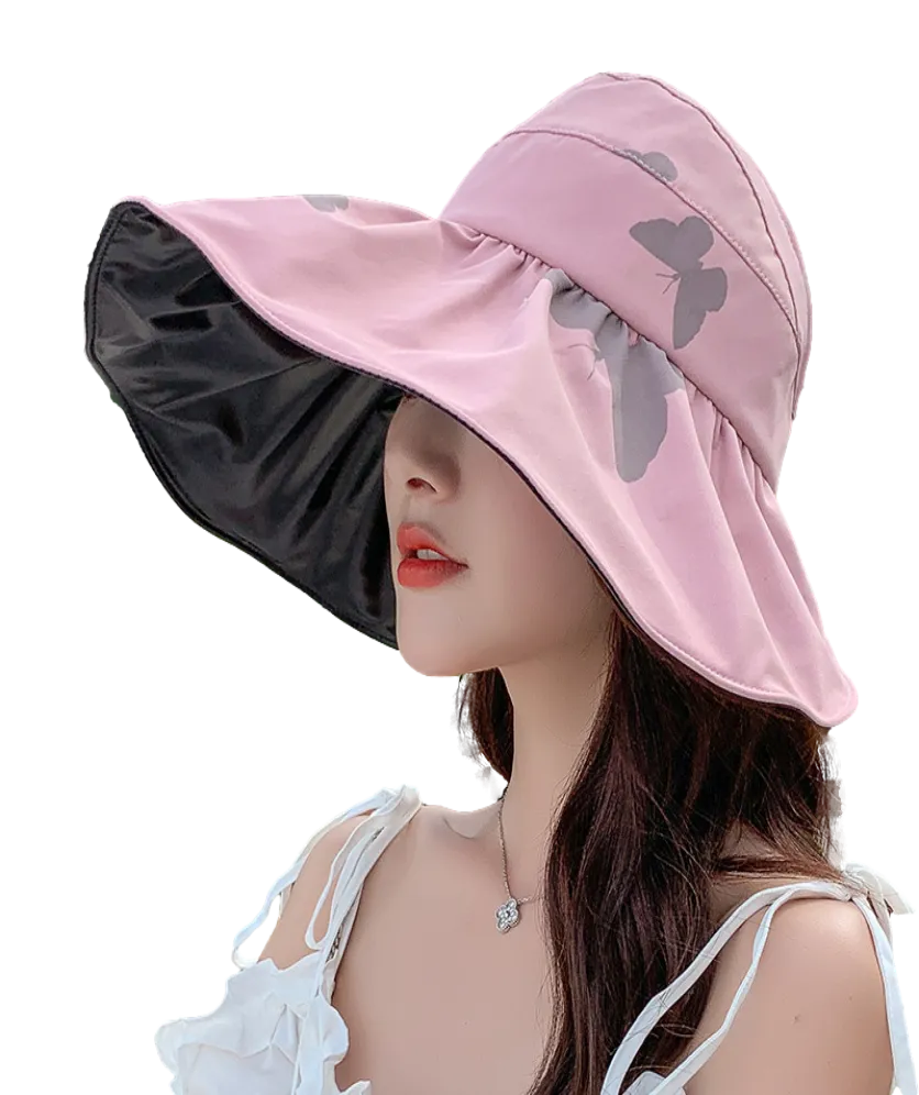 Women Wide Brim Summer Sun Hat Lightweight Foldable Beach Sun Hat for Ladies Travel Roll up Ponytail Visor Butterfly