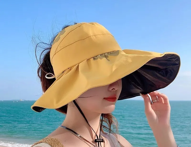 Women Wide Brim Summer Sun Hat Lightweight Foldable Beach Sun Hat for Ladies Travel Roll up Ponytail Visor Butterfly