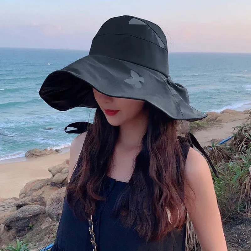 Women Wide Brim Summer Sun Hat Lightweight Foldable Beach Sun Hat for Ladies Travel Roll up Ponytail Visor Butterfly