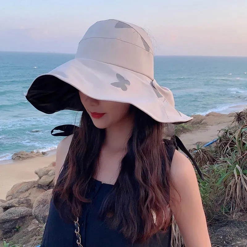 Women Wide Brim Summer Sun Hat Lightweight Foldable Beach Sun Hat for Ladies Travel Roll up Ponytail Visor Butterfly